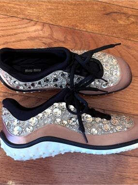 Authentic Miu Miu Rose Gold Swarovski Crystal-Embellished Sneakers